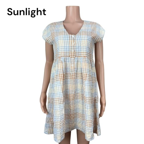 Madewell Dresses & Skirts - Madewell Womens Mini Dress Size XS Seer Sucker Brown Plaid -V Neck -Half Button